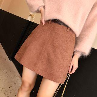 Faux Suede Belted Mini A-line Skirt