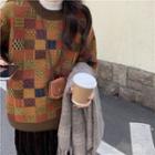 Round Neck Check Sweater Coffee - One Size
