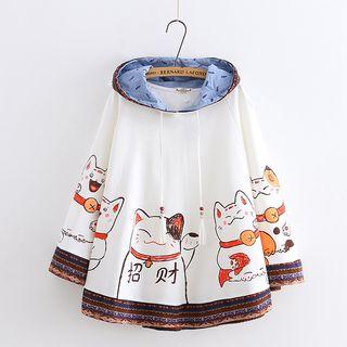 Cat Pattern Print Ear Accent Hooded Cape