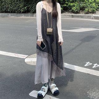 Open Front Cardigan / Spaghetti Strap Fringed Hem Midi Shift Dress