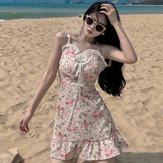 Spaghetti Strap Ruffle Trim Floral A-line Mini Dress
