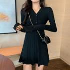 Long-sleeve V-neck Plain Knit A-line Dress