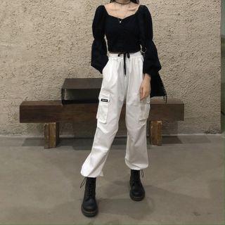 Long-sleeve Plain Square-neck Cropped Top / Cargo Harem Pants