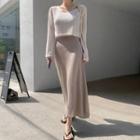 Set: Off-shoulder Knit Top + Spaghetti Strap Maxi Dress
