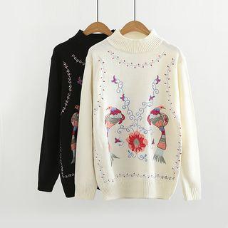 Mock-neck Bird Embroidery Sweater