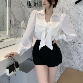 Open-placket Puff Sleeve Flower-accent Chiffon Shirt