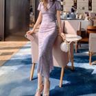 Set: Floral Short-sleeve Cutout Blouse + Chiffon Midi Skirt