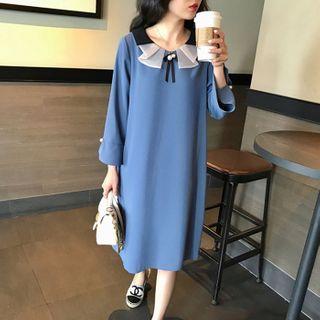 3/4-sleeve Collar Midi Shift Chiffon Dress