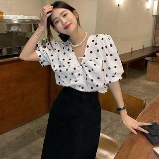 Short-sleeve V-neck Dotted Blouse / Slit Midi Pencil Skirt