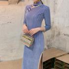 3/4-sleeve Striped Midi Qipao Dress