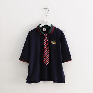 Set: Elbow-sleeve Embroidered Polo Shirt + Tie Polo Shirt - Navy Blue - One Size / Tie - Stripes - Navy Blue & Red - One Size