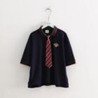 Set: Elbow-sleeve Embroidered Polo Shirt + Tie Polo Shirt - Navy Blue - One Size / Tie - Stripes - Navy Blue & Red - One Size