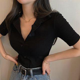 Short-sleeve Lapel Plain Button-up Top