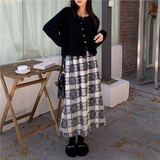 High Waist Plaid Midi A-line Skirt Plaid - Gray & White - One Size