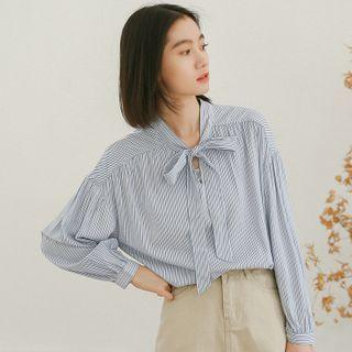 Bow-neck Striped Blouse Stripe - Blue - One Size
