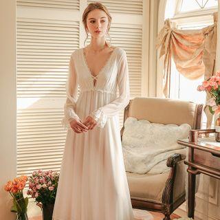 Lace Trim Bell-sleeve Midi A-line Sleep Dress