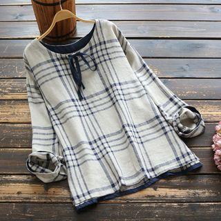 Tie-neck Long-sleeve Plaid Top