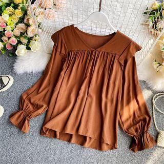 Ruffled Plain Long-sleeve Blouse