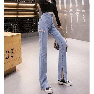 Distressed Slit-hem Straight Leg Jeans