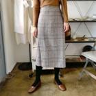 Deep-slit Long Plaid Skirt Brown - One Size