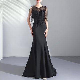 Sleeveless Fringe Mermaid Evening Gown