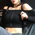 Buckled Cold-shoulder Cropped Knit Top Black - One Size