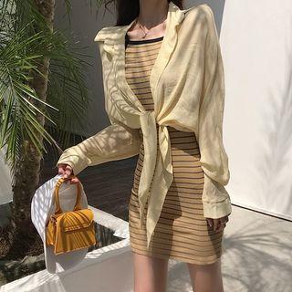 Plain Shirt / Strappy Striped Sheath Dress