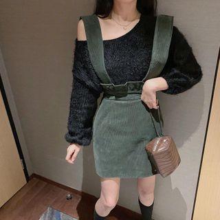 One Shoulder Plain Knit Top / Plain Pinafore Dress
