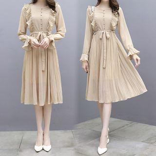 Dotted Long-sleeve A-line Ruffle Chiffon Dress