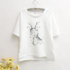 Elbow-sleeve Deer Print T-shirt