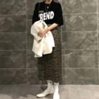 Short-sleeve Lettering T-shirt / Leopard Print Midi Pencil Skirt