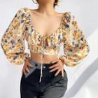 Puff Sleeve Tie-front Floral Print Crop Blouse