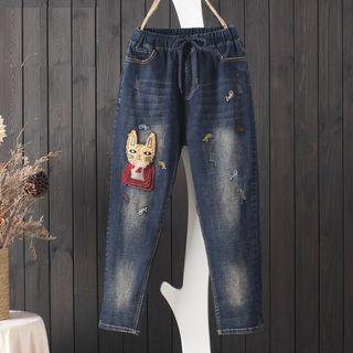 Applique Drawstring Straight-cut Jeans