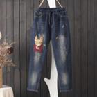 Applique Drawstring Straight-cut Jeans