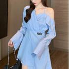 Off-shoulder Long-sleeve Dress Blue - One Size
