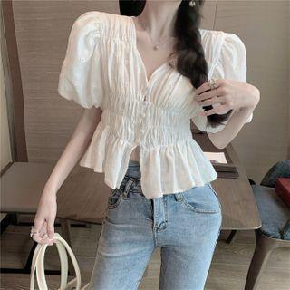 Embroider Puff-sleeved Top White - One Size