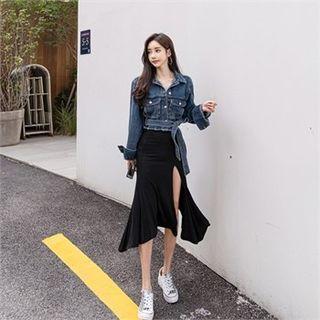 Fray-hem Denim Jacket With Sash Dark Blue - One Size