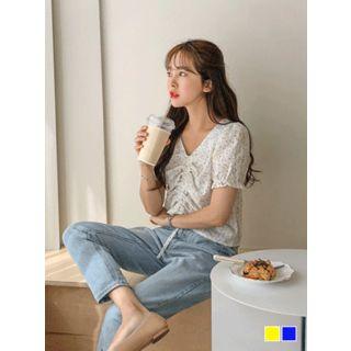 Drawstring-front Puff-sleeve Floral Top