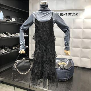 Set: Turtleneck Long-sleeve T-shirt + Mesh Panel Spaghetti Strap Dress Black - One Size