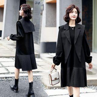 Long-sleeve Mock Two-piece Accordion Pleat A-line Dress