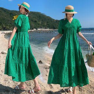 V-neck Embroidered Eyelet Maxi A-line Dress