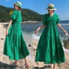 V-neck Embroidered Eyelet Maxi A-line Dress