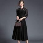 Lace 3/4-sleeve Midi A-line Dress