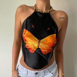 Butterfly Print Crop Halter Top