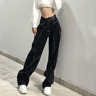 Mid-rise Belt-accent Wide-leg Jeans