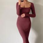 Long-sleeve Scoop-neck Knit Midi Bodycon Dress