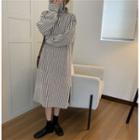 Long-sleeve Striped Mock-neck Knit Dress Dress - Stripe - One Size