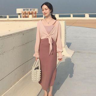Check Panel Strappy Midi Dress / Light Jacket