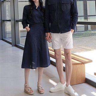 Couple Matching Set: Plain Shirt + High Waist A-line Skirt / Plain Shirt