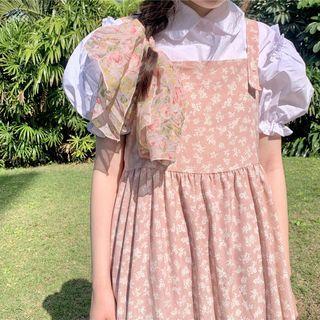 Puff-sleeve Blouse / Spaghetti Strap Floral Midi A-line Dress / Set